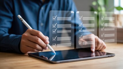 Professional completes digital checklist using a stylus on a modern communication device