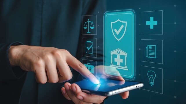 Person interacts with digital interface displaying healthcare and legal services icons on a mobile device