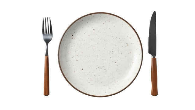 Modern speckled plate with fork and knife isolated PNG on transparent background, rustic tableware for food presentation and culinary design