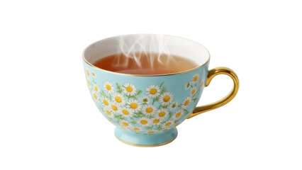 Elegant light blue teacup with daisy pattern isolated PNG, vintage floral tea cup with golden handle and steaming tea on transparent background