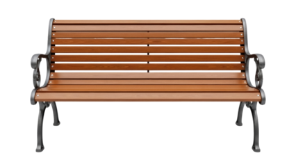 Wooden park bench isolated PNG on transparent background, outdoor seating furniture for garden, patio, or public spaces