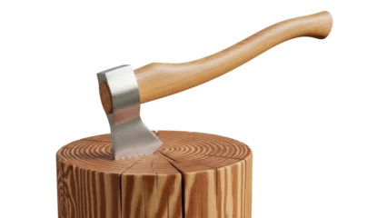 Fototapete Rund Brennholz Axe stuck in a wooden chopping block isolated PNG, tool for cutting wood and preparing firewood on transparent background  © GODSTOX