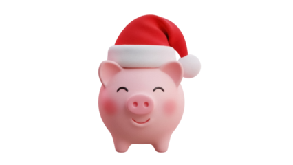 Pink piggy bank wearing a Santa hat isolated PNG, festive holiday savings concept on transparent background, Christmas finance and investment