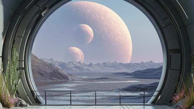 Futuristic landscape with three moons viewed from a circular window