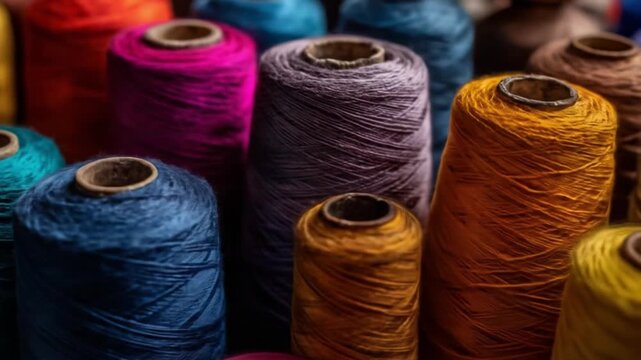 Close-up of colorful thread spools red, blue, purple, orange, and gold arranged in rows. vivid hue