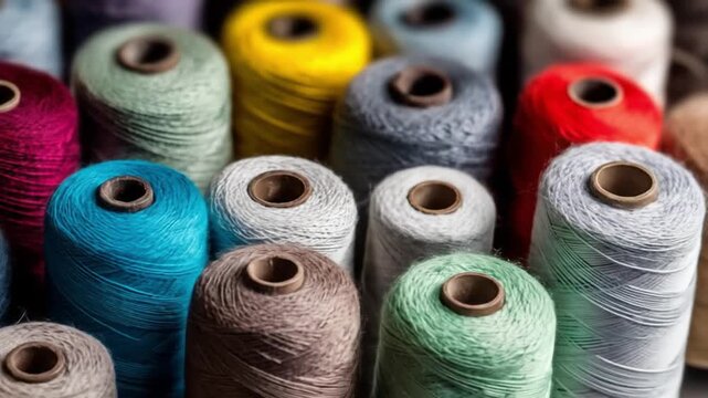 Colorful spools of thread packed in neat rows, displaying vibrant hues and soft yarn cores. close-up