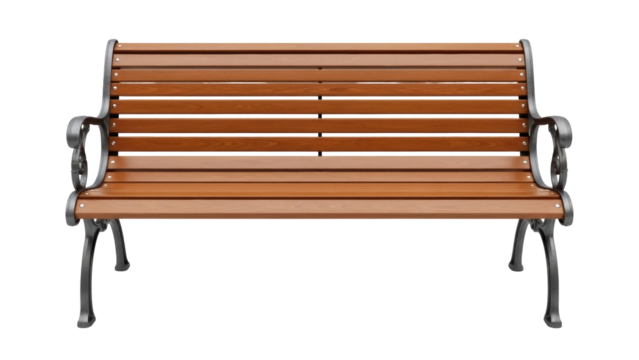 Wooden park bench isolated PNG on transparent background, outdoor seating furniture for garden, patio, or public spaces