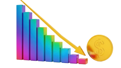 Downward trend chart with golden arrow and coin isolated PNG, financial loss concept for business and investment analysis on transparent background