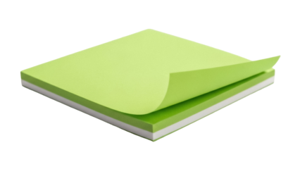 Stack of green sticky notes isolated PNG on transparent background, adhesive memo pad for reminders and organization in office or school