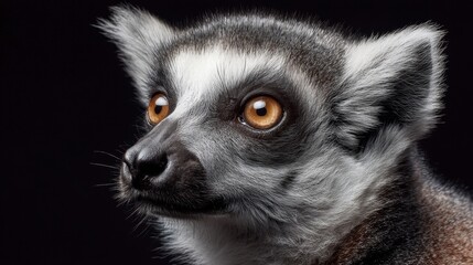 Fototapeta premium A lemur with large expressive eyes looks directly at the viewer. The animal's furry face contrasts with the dark background highlighting its unique features.