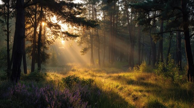 Bright morning sunlight streams through tall trees casting soft shadows on a lush forest floor. Purple wildflowers bloom in the underbrush enhancing the peaceful ambiance.