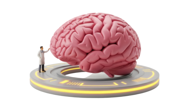 Human brain model with doctor figure isolated PNG, anatomical organ on futuristic platform for medical research and healthcare concepts