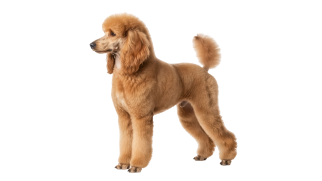 Apricot Standard Poodle dog isolated PNG, purebred canine companion on transparent background for pet-related designs and promotional materials