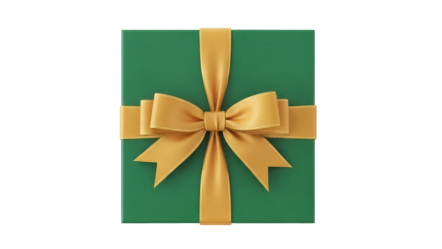 Green gift box with golden ribbon isolated PNG, present for Christmas or birthday celebration on transparent background