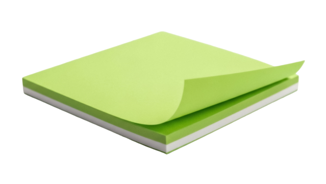 Stack of green sticky notes isolated PNG on transparent background, adhesive memo pad for reminders and organization in office or school