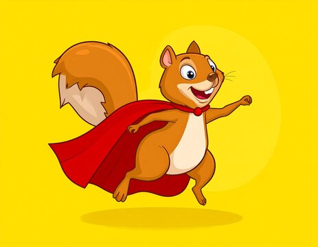 Cartoon illustration of a cheerful squirrel superhero, clad in a red cape, mid-flight against a yellow backdrop