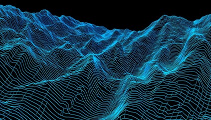 Abstract digital landscape with glowing blue and cyan topographic lines against a stark black background creating a sense of depth and mystery