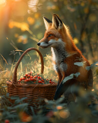 A fox sitting in the grass beside a basket of berries in warm golden sunlight
