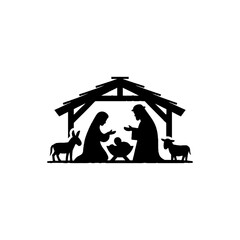 Holy family silhouette in the manger celebrating Christmas minimal