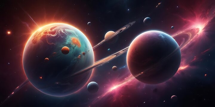 Two planets in space with a ring around them