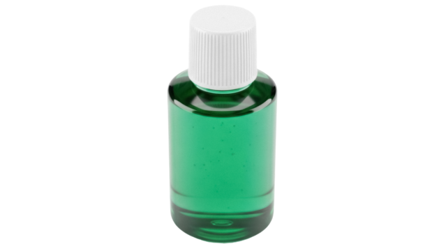 Small green bottle with white cap isolated PNG, liquid medicine or essential oil on transparent background, healthcare and beauty product