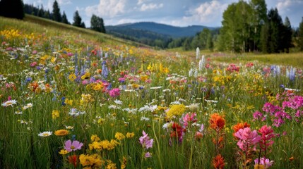 Fototapeta premium A vibrant meadow filled with various wildflowers in bloom stretches across the landscape. Green grass sways gently as the sun illuminates the colorful blossoms under a clear blue sky.