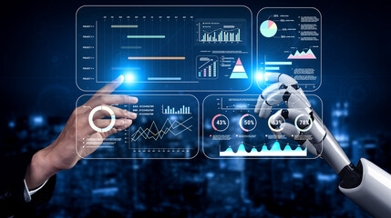 An AI project management dashboard with business performance analytics. AI visualization of project timelines and company data for strategic review. Motif