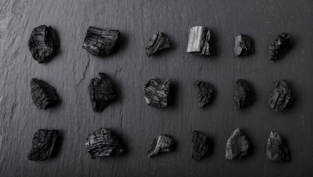 Flat lay of charcoal pieces arranged aesthetically on black stone surface, moody modern composition