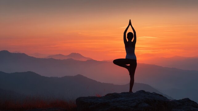 In a peaceful mountain setting a person performs yoga at sunset. The silhouette strikes a balancing pose against a colorful sky filled with warm hues as day turns to night. - Powered by Adobe