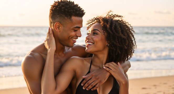 Happy young couple in love embracing on the beach. Romantic african american man and woman smiling together at sunset during a summer vacation