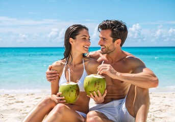 Romantic couple on a tropical beach vacation. Happy man and woman smiling and drinking fresh coconut water by the sea