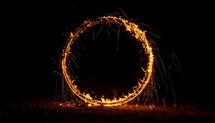 A burning circular structure illuminated in the darkness, sparks emanating outward creating light trails