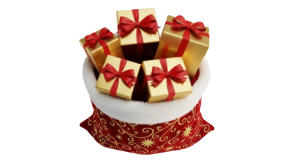Santa s sack full of golden gift boxes with red ribbons isolated PNG, Christmas presents for holiday season and festive celebrations