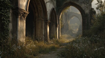 Obraz premium Ancient Stone Ruins with Arched Openings and Overgrown Vegetation in a Forest Setting