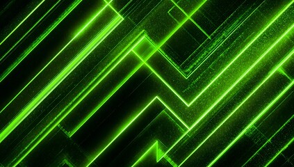 Vibrant abstract geometric pattern of intersecting neon green lines on a dark background creating a futuristic digital landscape