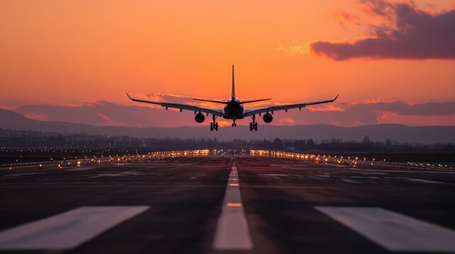 A large jet is flying over a runway at sunset. The sky is filled with clouds, and the sun is setting in the background. The scene is peaceful and serene, with the airplane soaring through the air