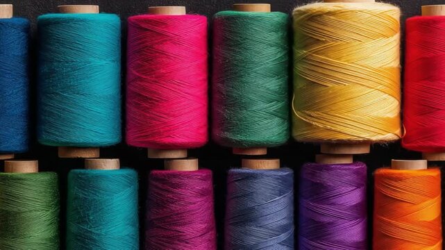 Row of vibrant thread spools arranged in two lines, wooden cores exposed, colorful texture and glow