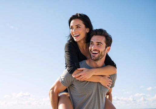 Happy young man giving a piggyback ride to his smiling girlfriend outdoors. Joyful couple having fun together on a summer vacation with copy space
