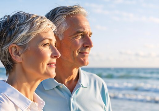 Happy senior couple enjoying retirement on the beach. Mature man and woman looking towards the future together at sunset. Love and financial planning concept with copy space