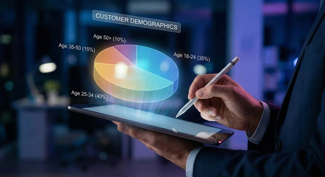 Dynamic marketing professional analyzes customer demographics on tablet with stylus, revealing insights for targeted campaigns and data-driven strategies now