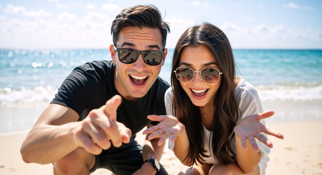 Happy young couple having fun on a summer beach vacation. Excited man and woman smiling and pointing at the camera by the ocean