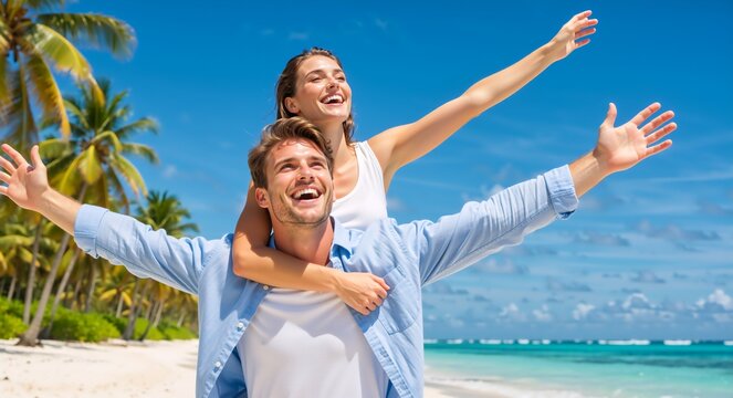 Happy young couple on a tropical beach vacation. Man giving a woman a piggyback ride with arms outstretched in freedom. Summer holiday fun
