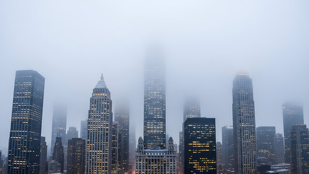 Dramatic cityscape disappears into moody fog over downtown towers