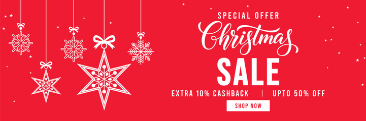 Festive red Christmas sale banner with hanging snowflake ornaments and baubles, elegant Christmas typography, special offer promotion with cashback and discount, ideal for holiday marketing and online