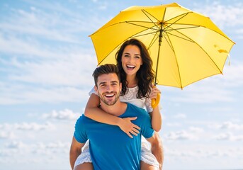A happy young man gives a piggyback ride to his smiling girlfriend under a yellow umbrella. Joyful couple having fun on a summer vacation outdoors against a blue sky