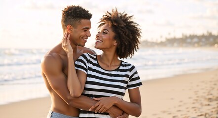 Happy young african american couple embracing on the beach at sunset. Romantic man and woman smiling and looking at each other during a summer vacation
