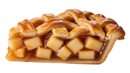 Delicious slice of apple pie isolated PNG on transparent background, homemade dessert with lattice crust and sweet filling for food design