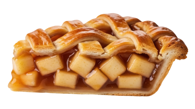 Delicious slice of apple pie isolated PNG on transparent background, homemade dessert with lattice crust and sweet filling for food design