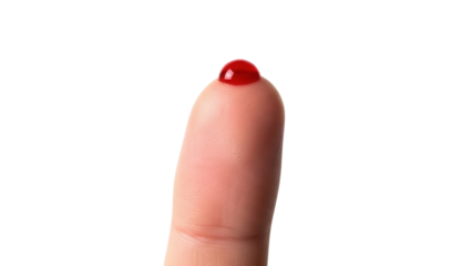 Finger with a drop of blood isolated PNG, medical test for diabetes or blood sugar level and health care concept