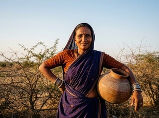 Indian Village Woman In Sari Holding Clay Water Pot Standing In Dry Rural Landscape